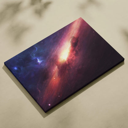 Vibrant spiral galaxy canvas wall art with glowing core nebula in purples and gold