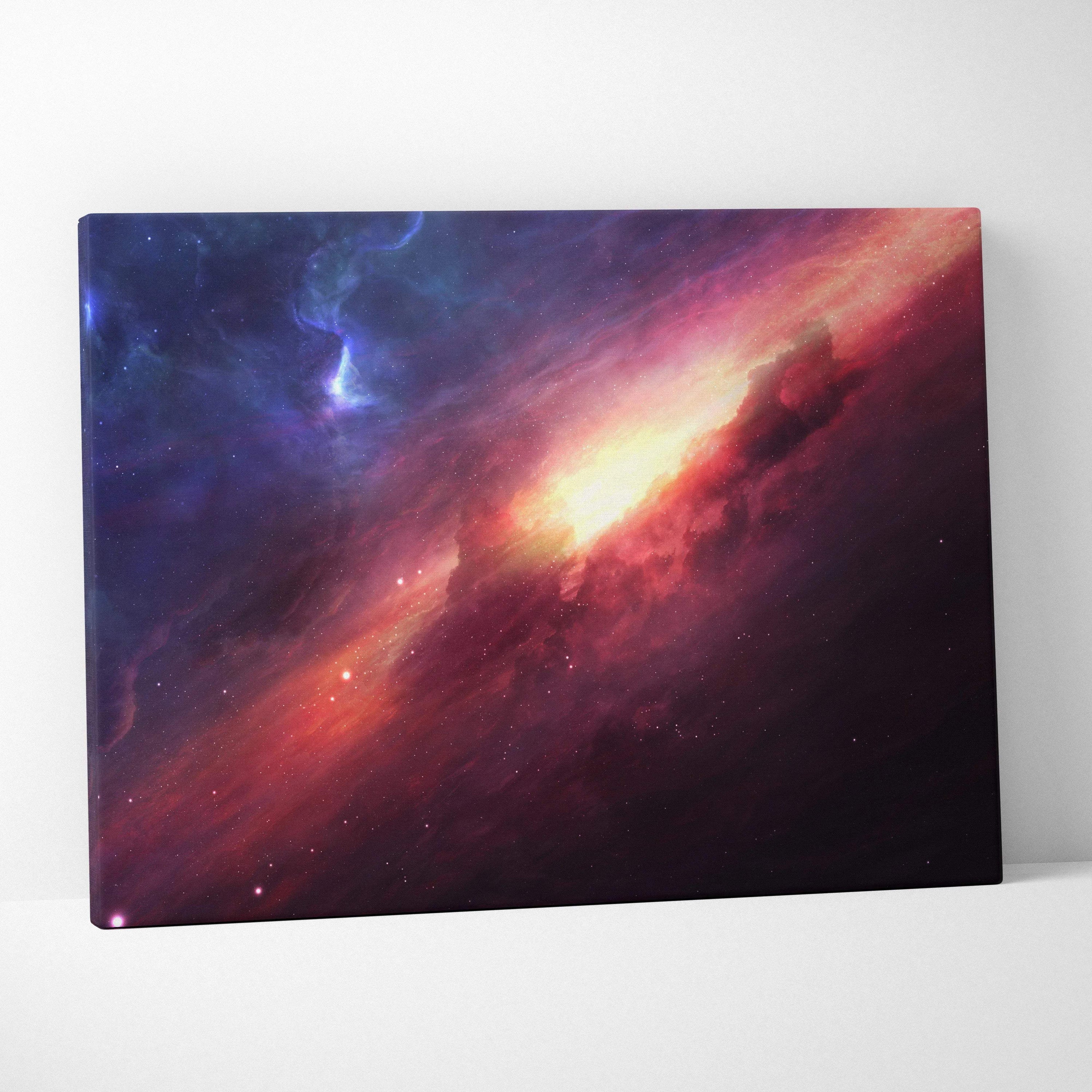 Vibrant spiral galaxy canvas wall art with glowing core nebula in purples and gold
