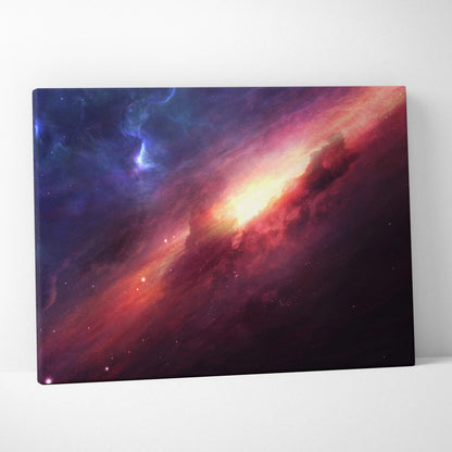 Vibrant spiral galaxy canvas wall art with glowing core nebula in purples and gold