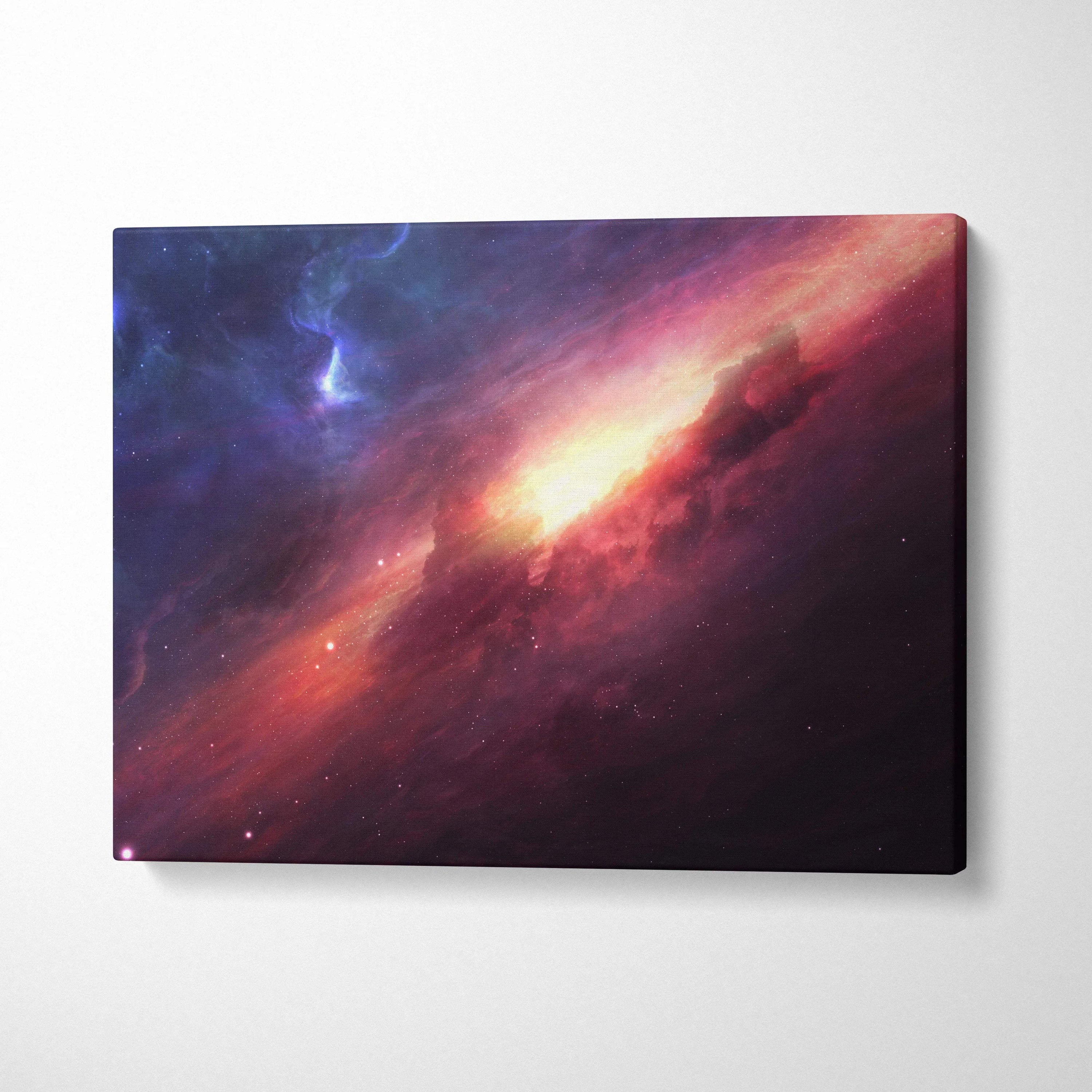 Vibrant spiral galaxy canvas wall art with glowing core nebula in purples and gold