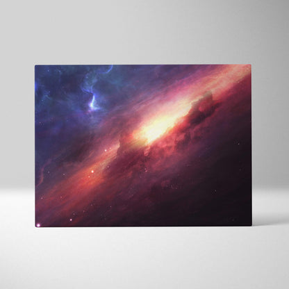 Vibrant spiral galaxy canvas wall art with glowing core nebula in purples and gold