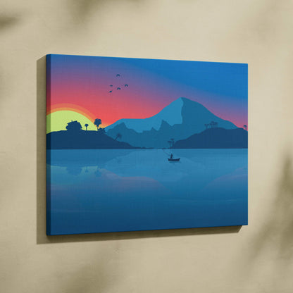 Minimalist blue teal orange sunset lake fisherman silhouette canvas art