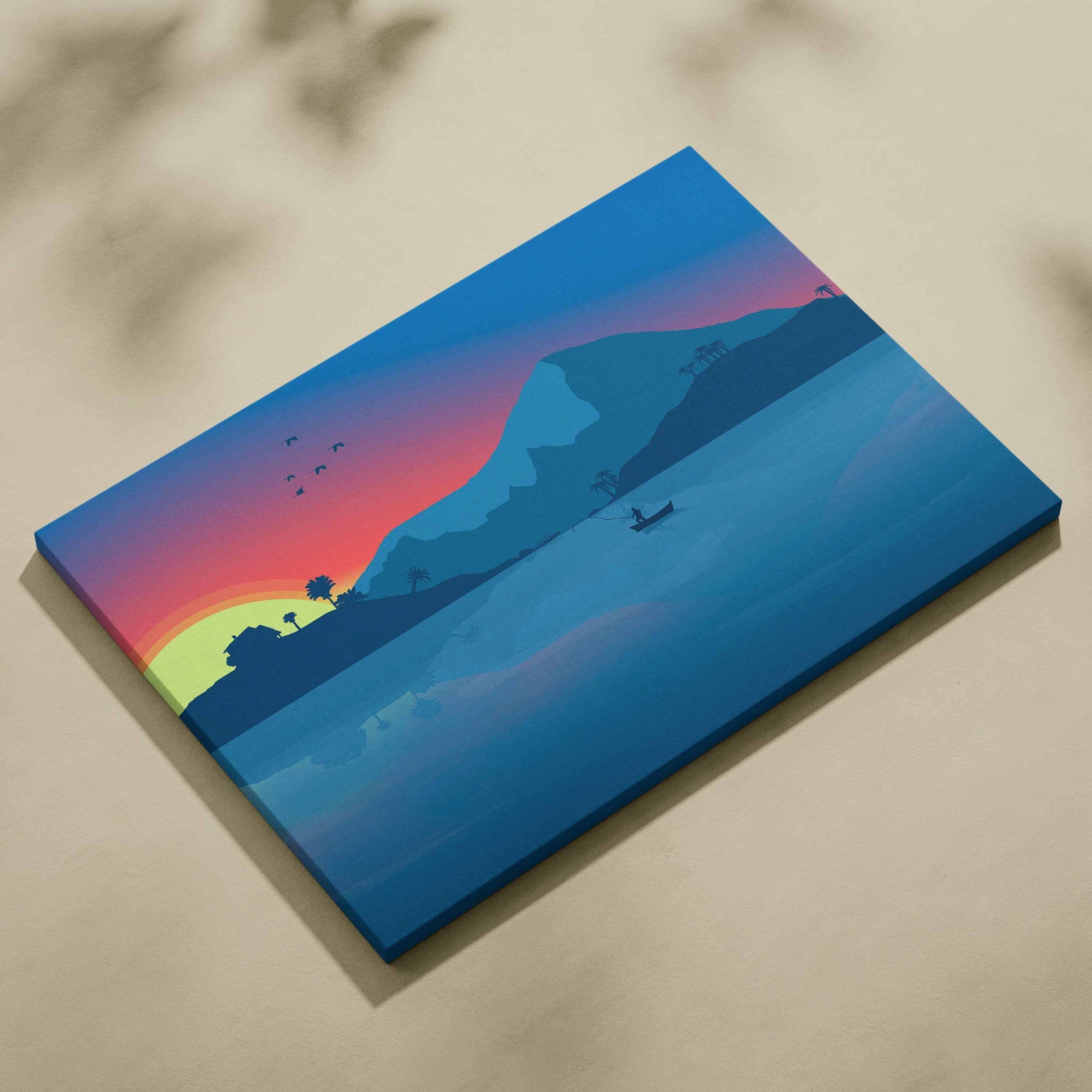 Minimalist fisherman silhouette over serene sunset lake canvas art
