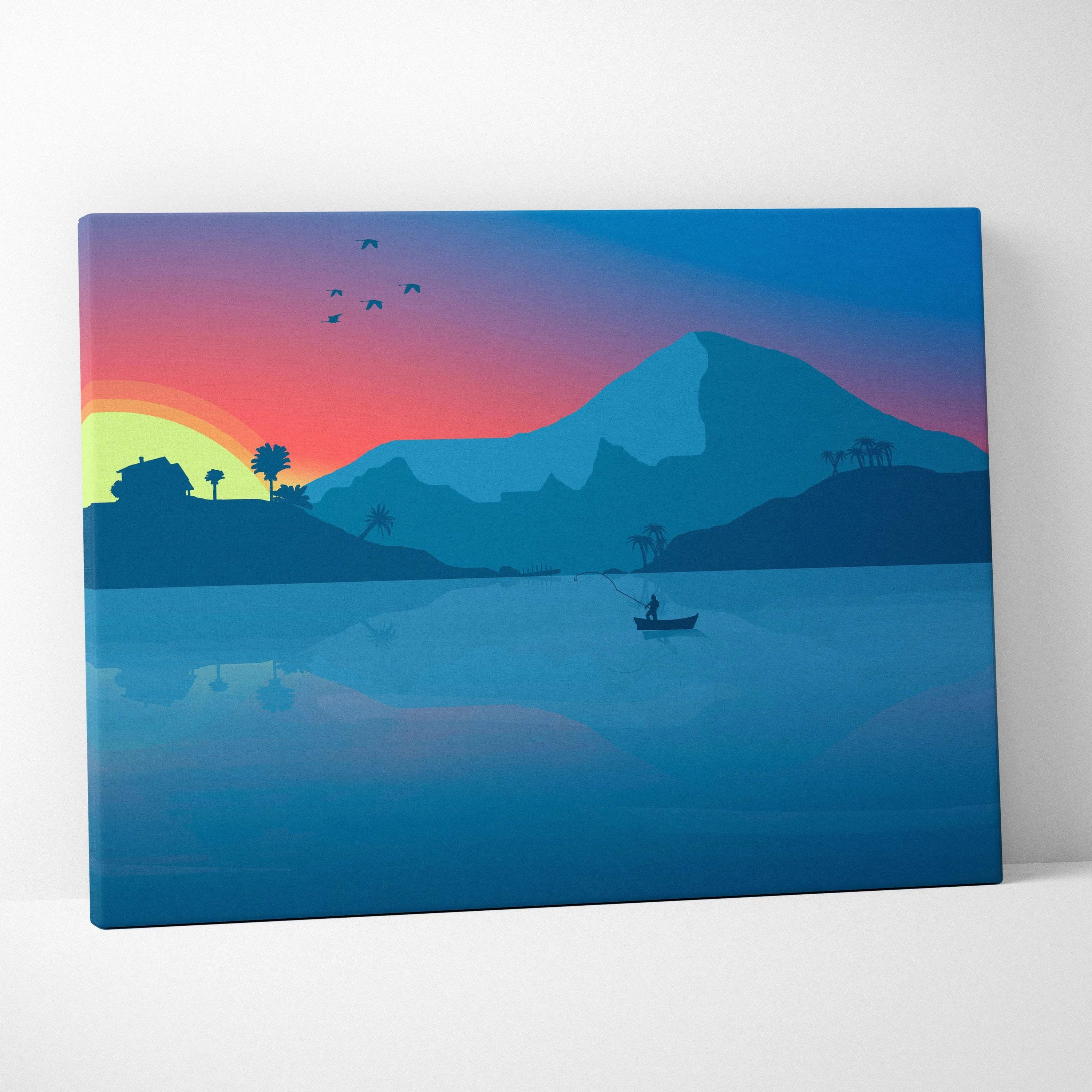 Minimalist fisherman silhouette over serene teal orange sunset lake mountains canvas art