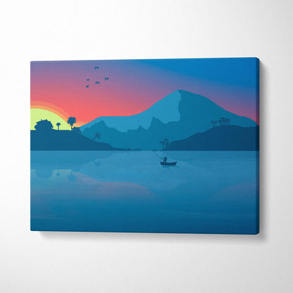 Minimalist blue teal orange fisherman silhouette sunset lake mountains canvas art