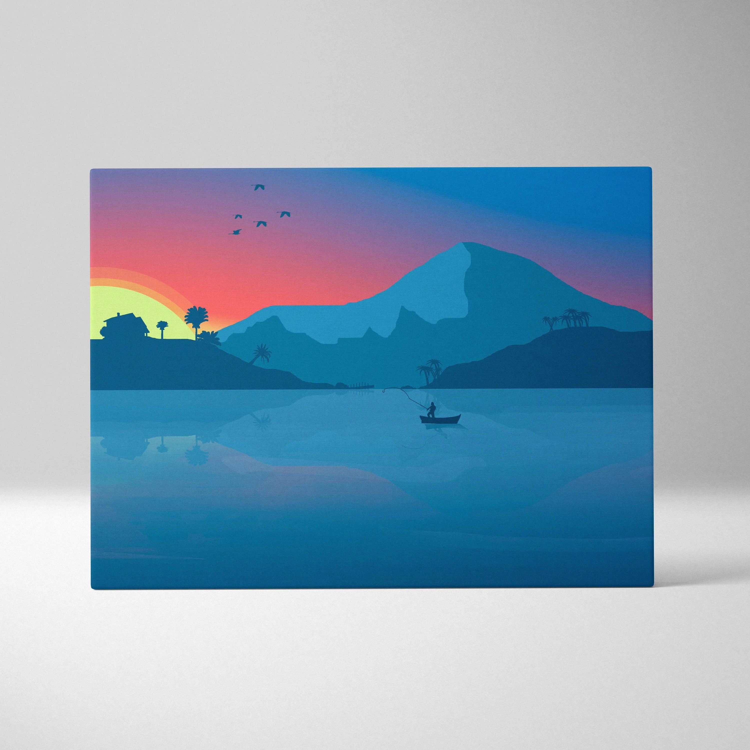 Minimalist fisherman silhouette over serene sunset lake with mountains canvas art