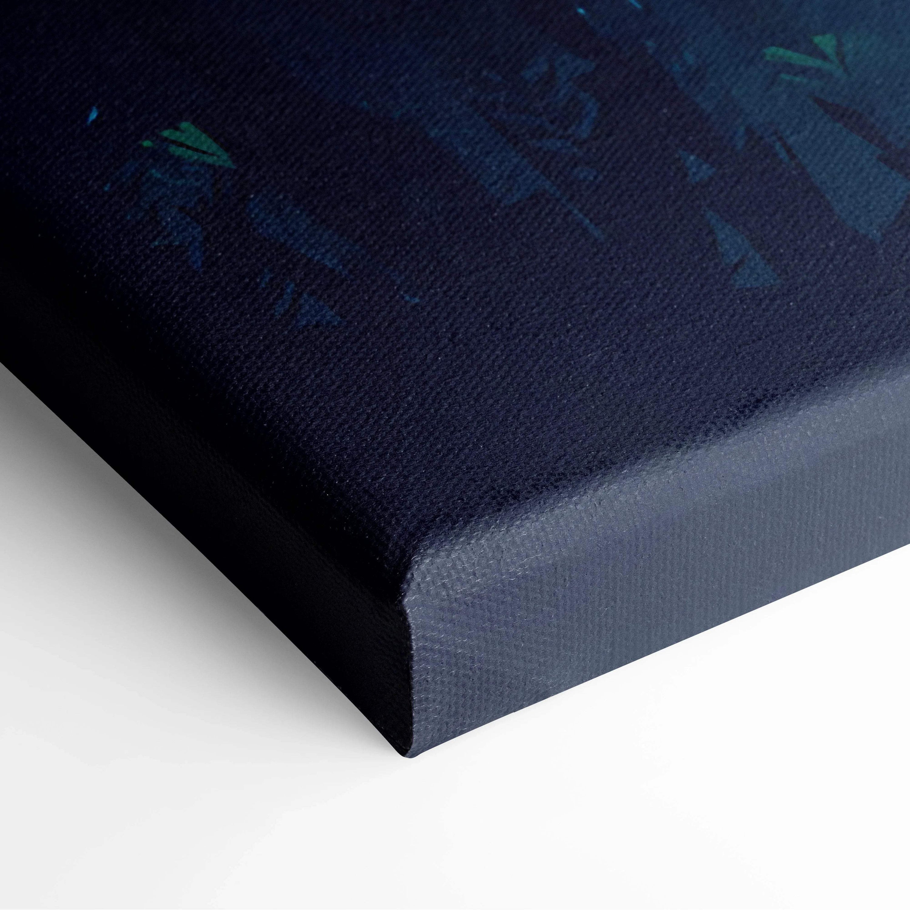 Dark blue teal abstract canvas print of cinematic forest sunset with river silhouettes