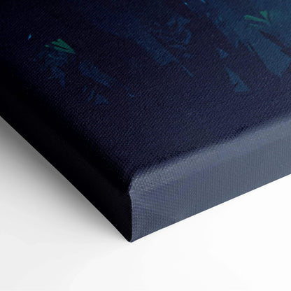 Dark blue teal abstract canvas print of cinematic forest sunset with river silhouettes