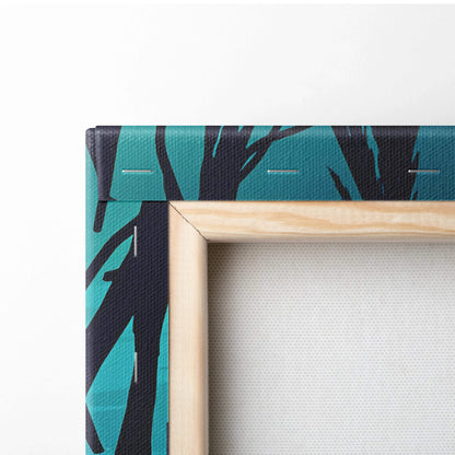 Teal black tree canvas on light wood frame, Cinematic Forest Sunset art