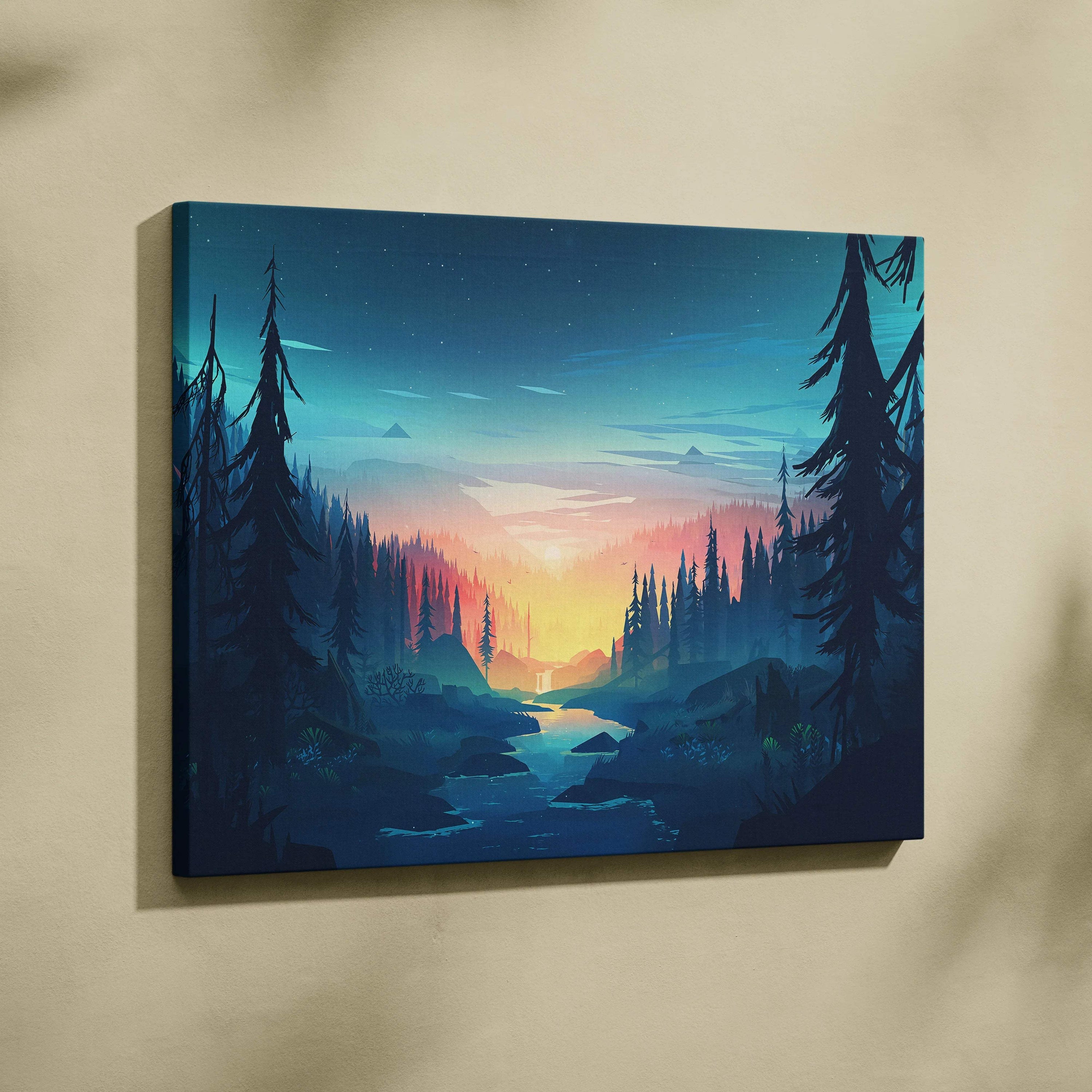 Cinematic forest sunset canvas with river, pine silhouettes in teal orange