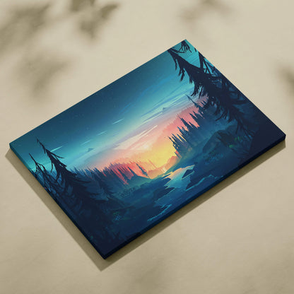 Stylized forest at twilight canvas with river, pine silhouettes in teal orange