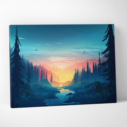 Cinematic forest sunset canvas with river, pine silhouettes in teal orange