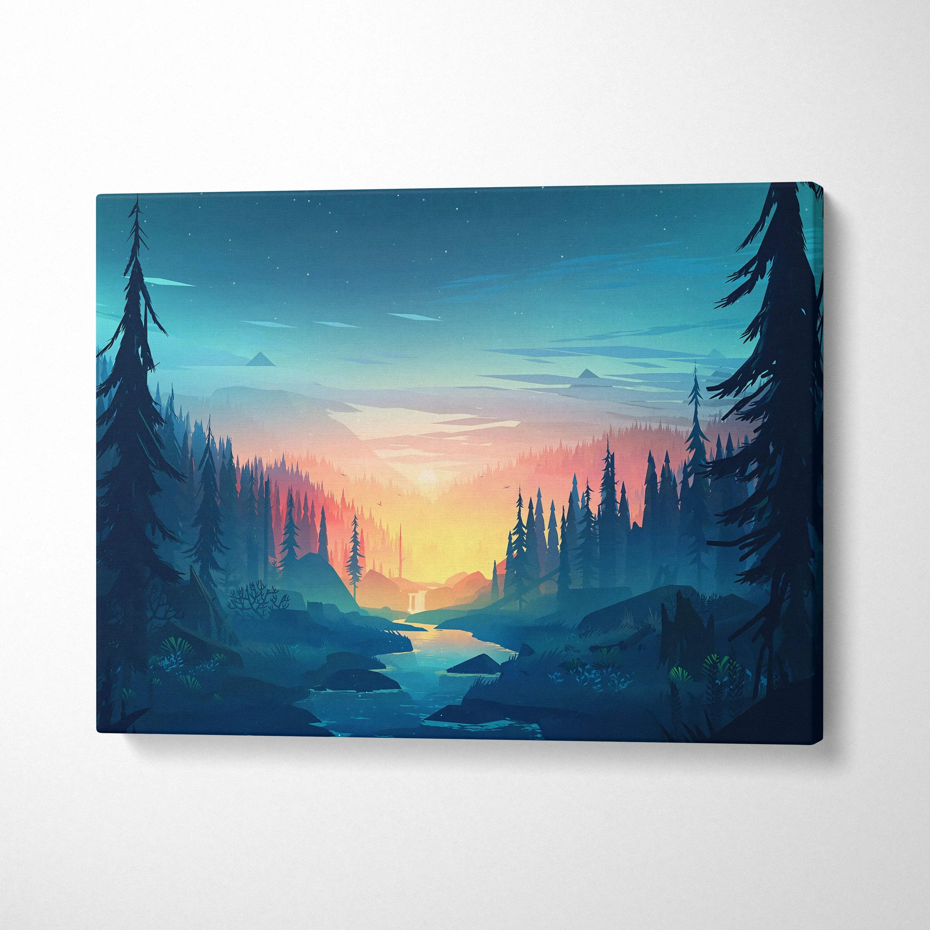 Cinematic forest sunset canvas with river, pine silhouettes in teal orange