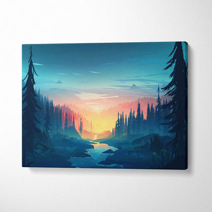 Cinematic forest sunset canvas with river, pine silhouettes in teal orange