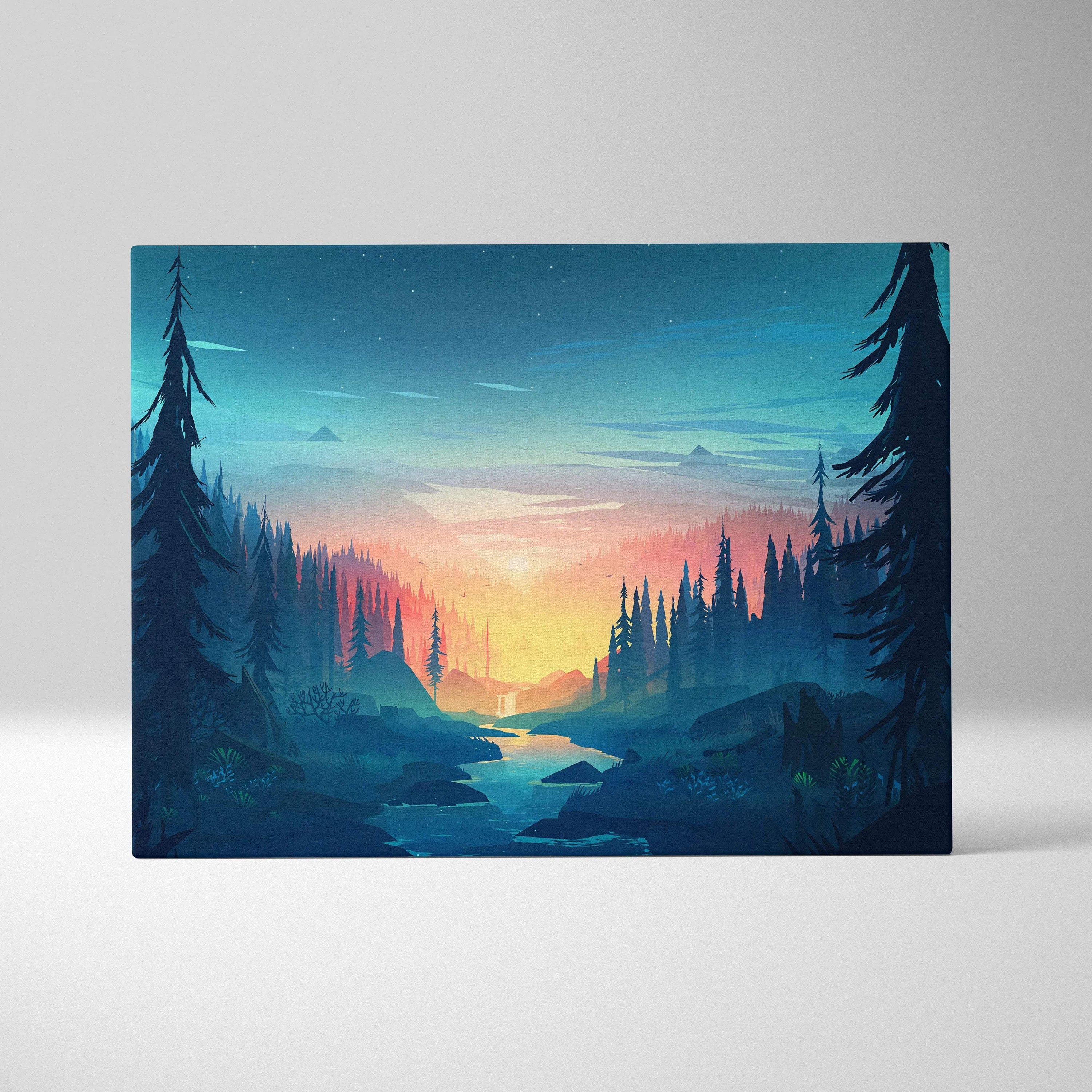 Cinematic forest sunset canvas with river, pine silhouettes in teal orange
