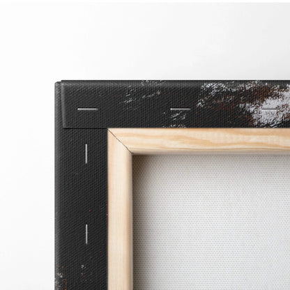 Black textured canvas back with light wood frame, red barn at dusk art
