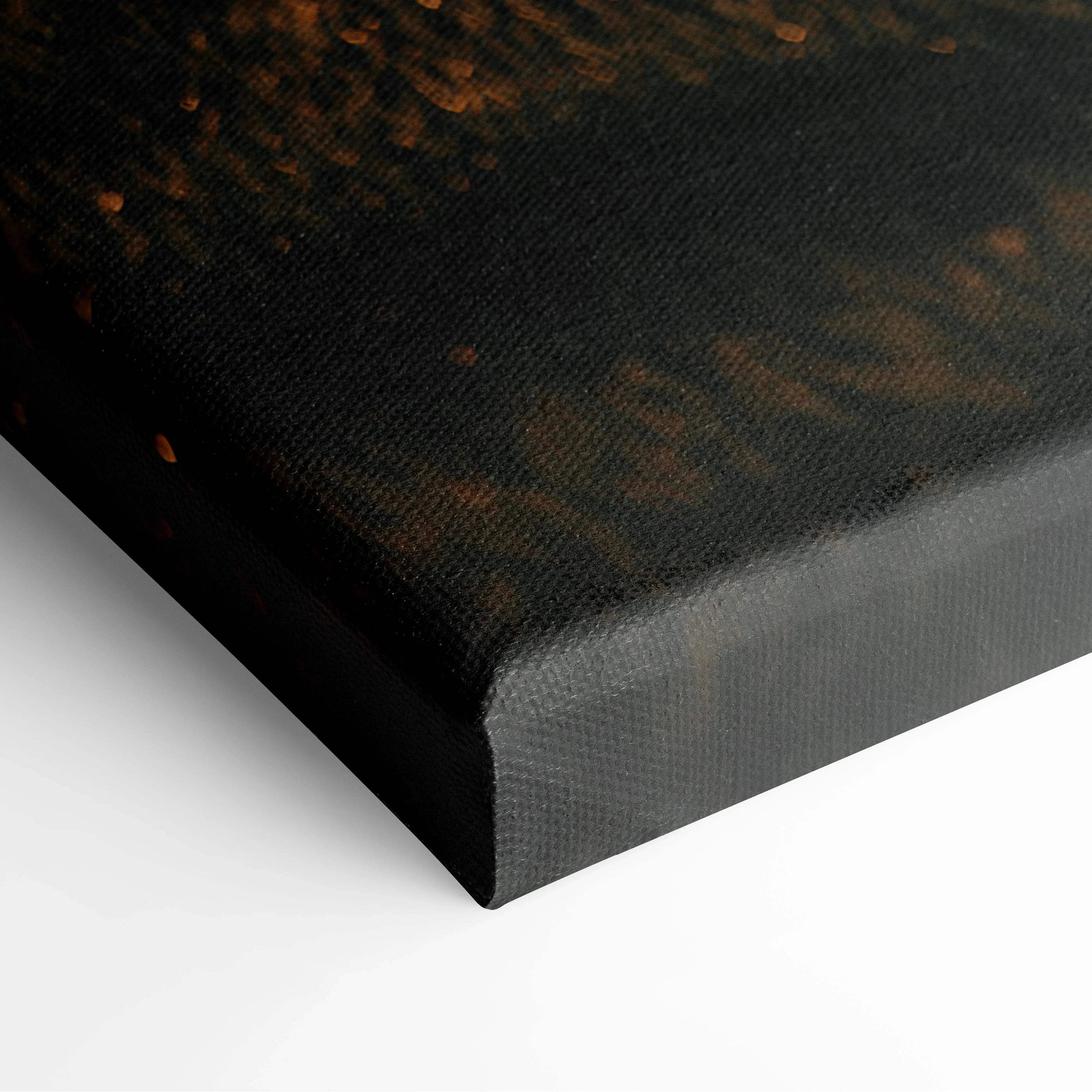 Black canvas print back with textured dark surface and golden-brown speckles