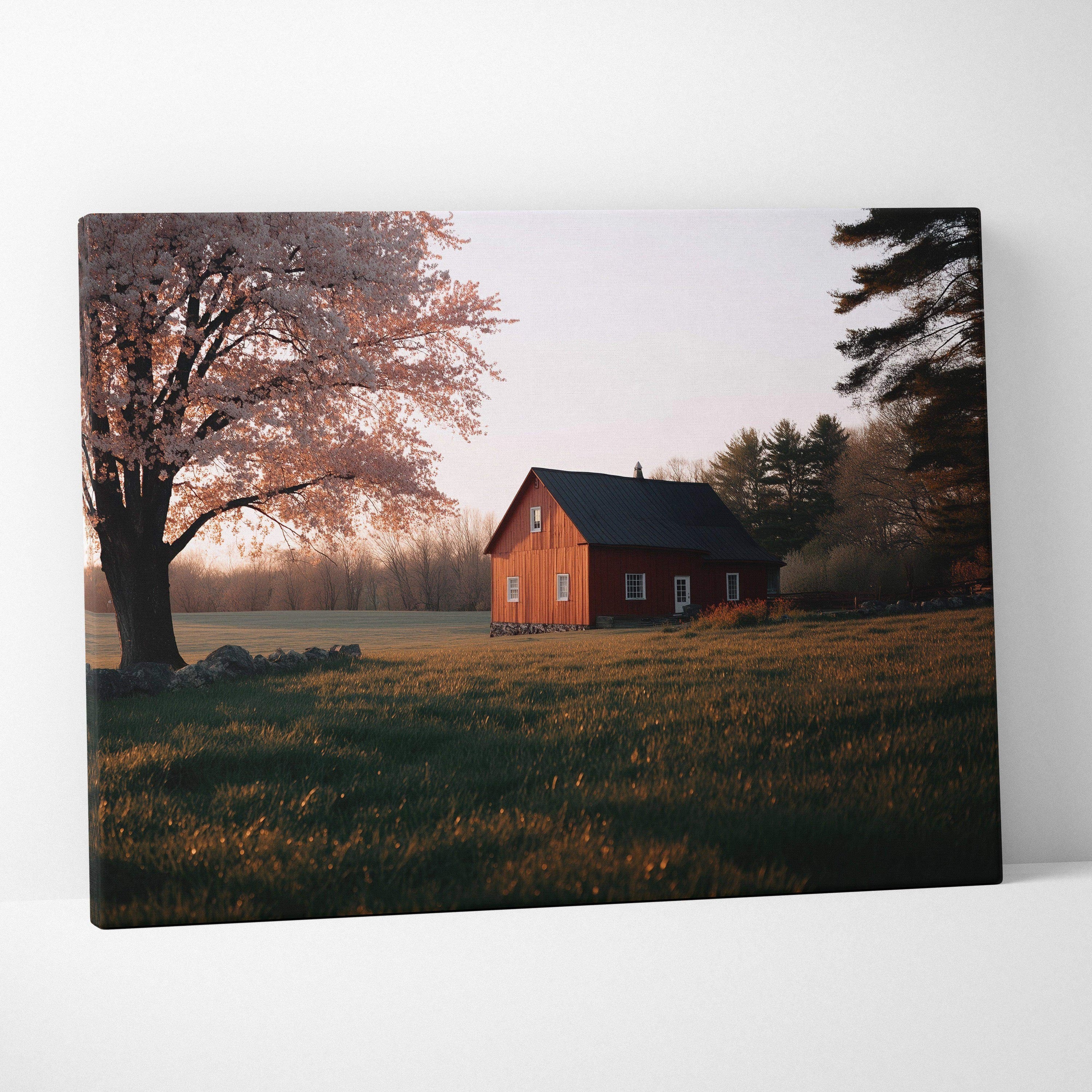 Red barn with black roof beneath cherry blossoms at dusk canvas art