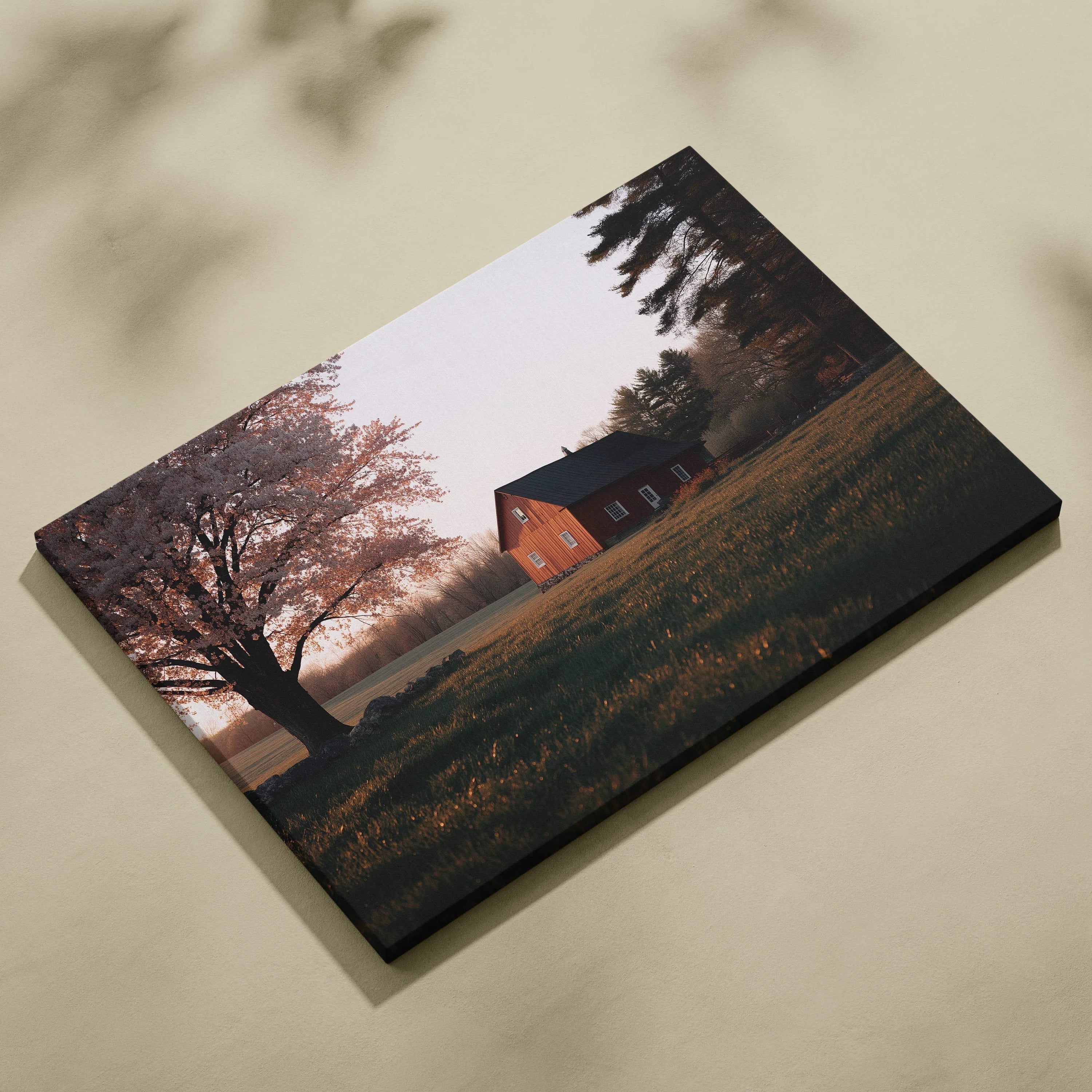 Cinematic red barn under cherry blossoms at dusk canvas wall art