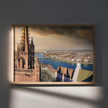 Sunset cityscape poster featuring Gothic building architecture and river view wall art.