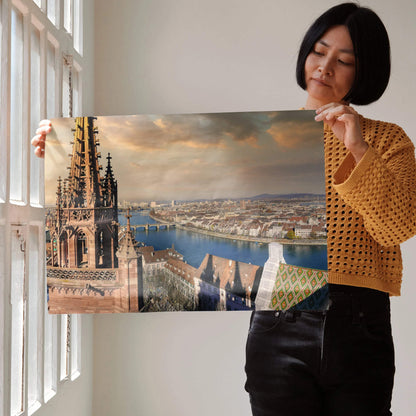 Sunset cityscape wall art poster featuring detailed Gothic building and river views.