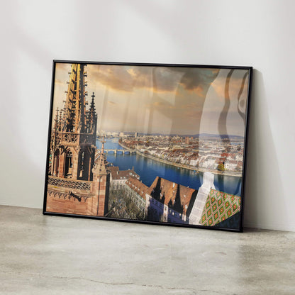 Sunset cityscape wall art poster featuring detailed gothic architecture and river view.