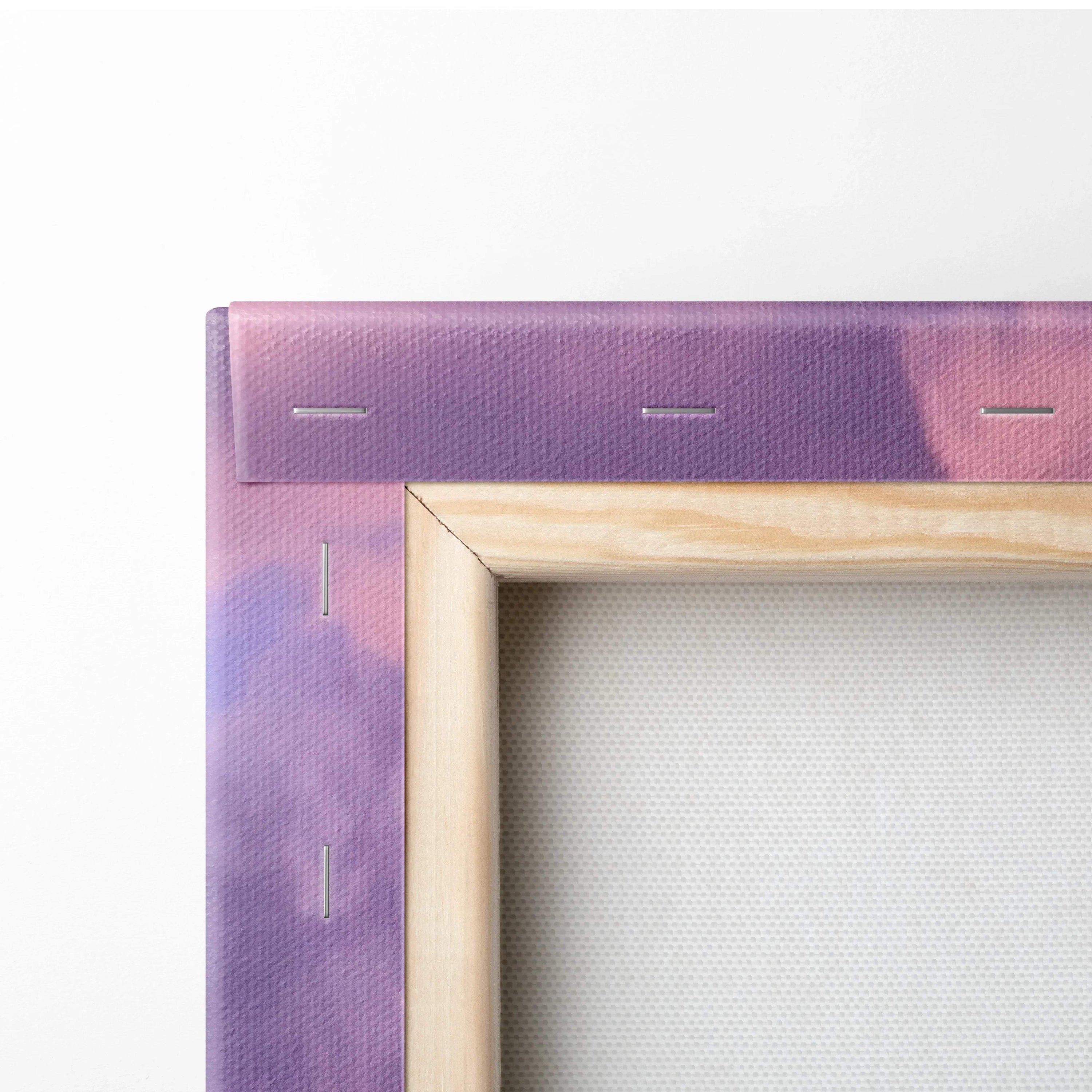 Close-up of wooden frame and purple canvas fabric on stretched wall art canvas print.