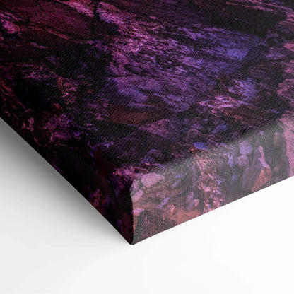 Deep purple and black abstract canvas wall art with textured brush strokes and wrapped edges.