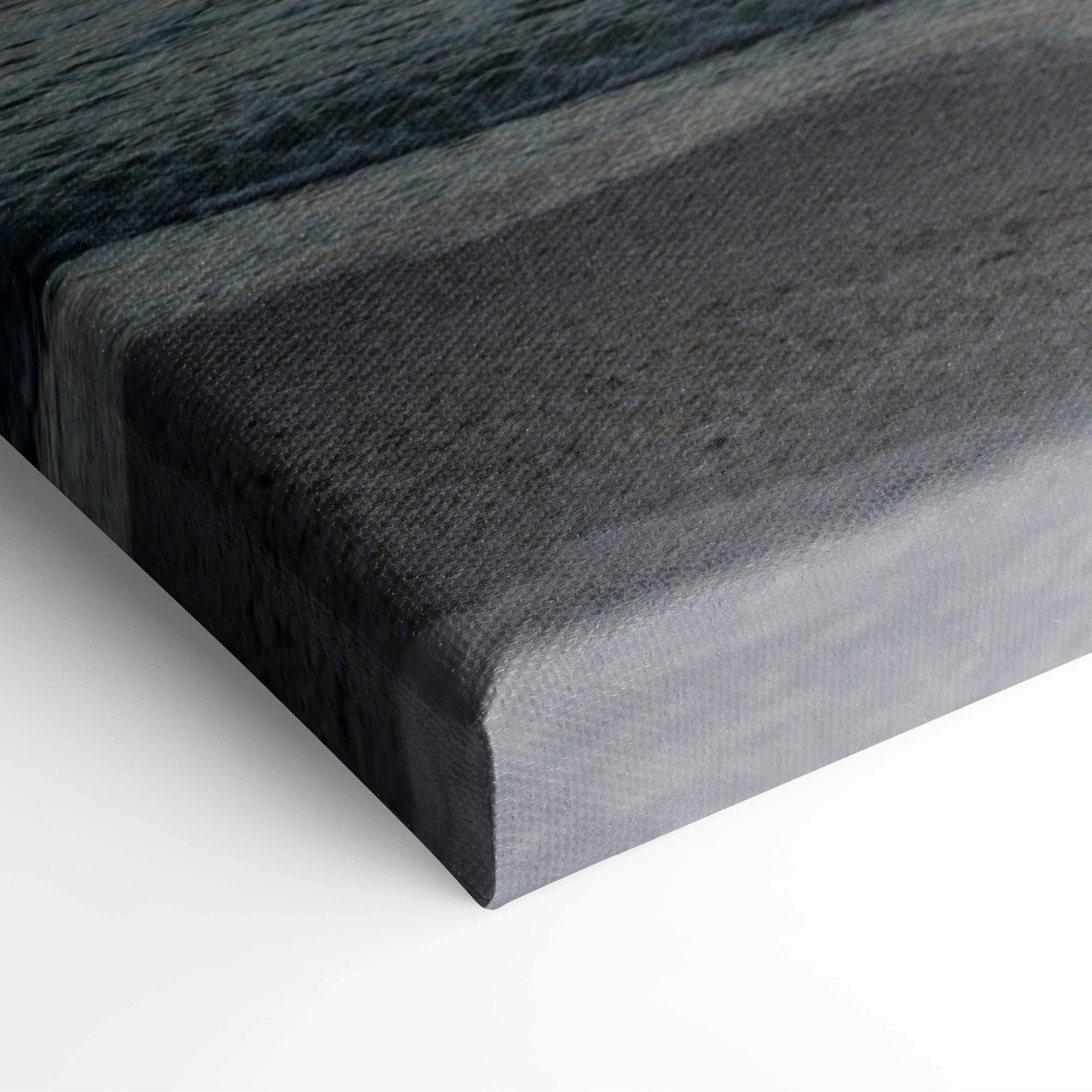 Close-up of vibrant sunset beach landscape canvas wall art with rich colors and textured edges.