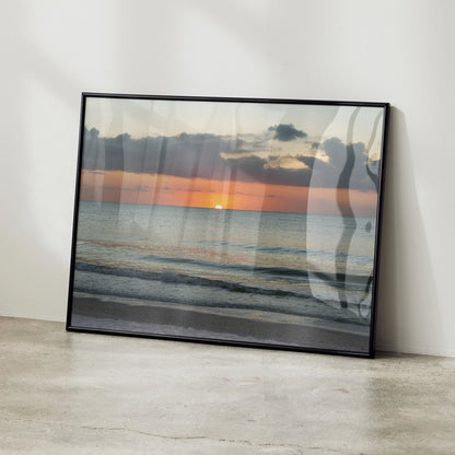 Beach sunset poster with ocean waves and colorful sky, framed wall art for nature decor.