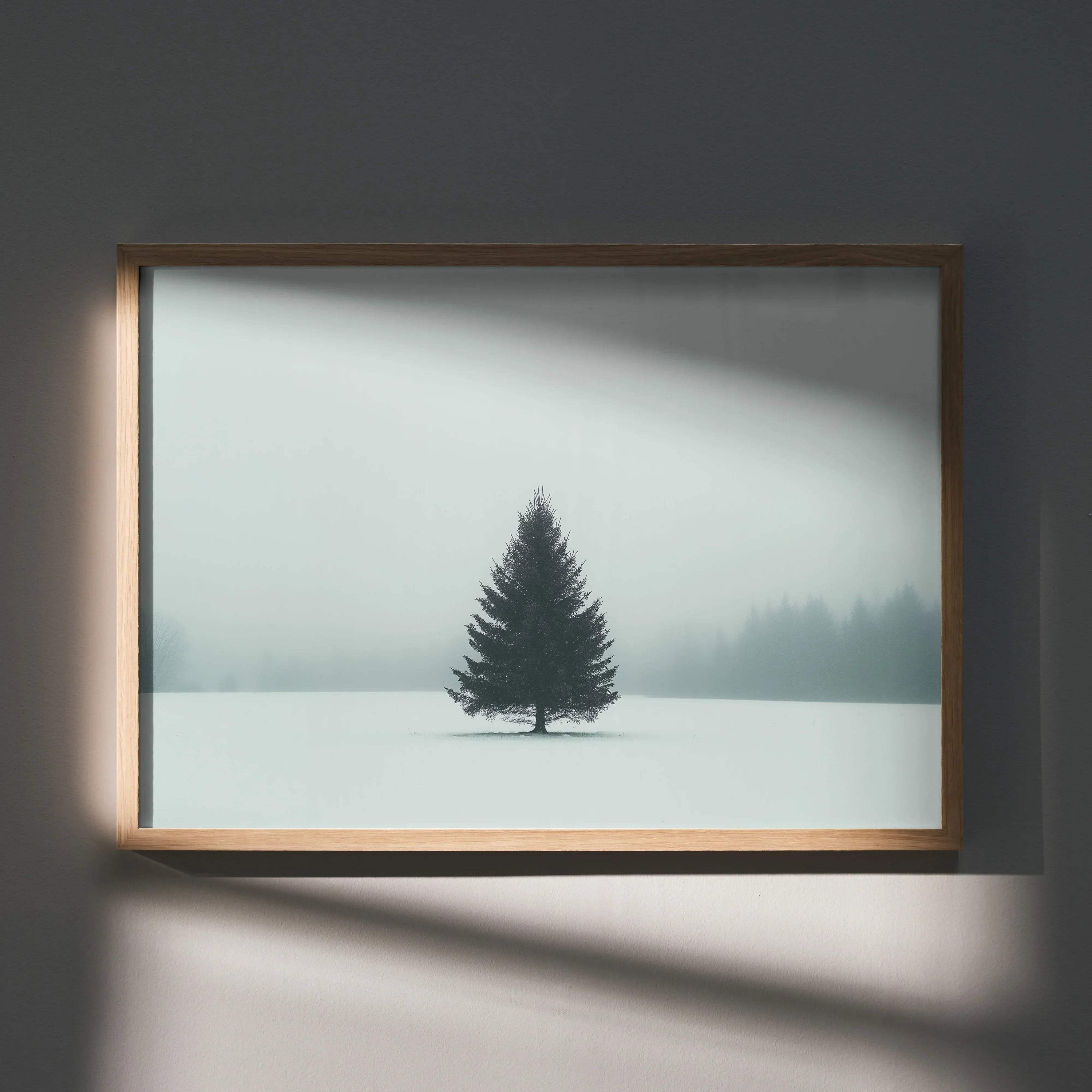 Minimalist snowy landscape poster featuring a lone pine tree in foggy winter scene wall art.