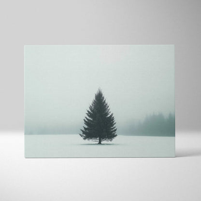Canvas wall art featuring a solitary pine tree in a snowy misty landscape with muted tones.