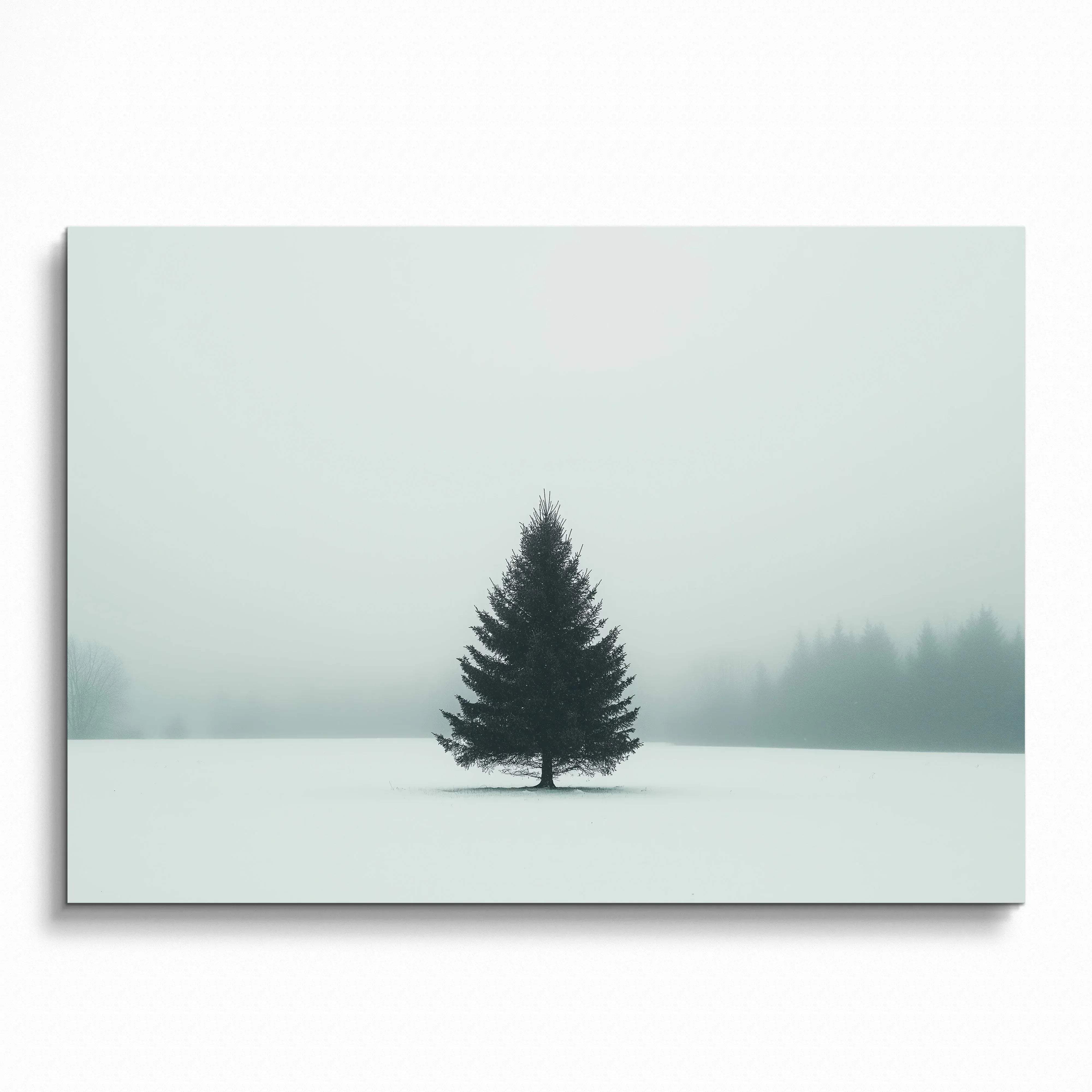 Minimalist snow landscape poster with a solitary evergreen tree in foggy winter wall art.