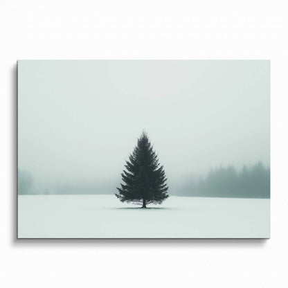 Minimalist snow landscape poster with a solitary evergreen tree in foggy winter wall art.