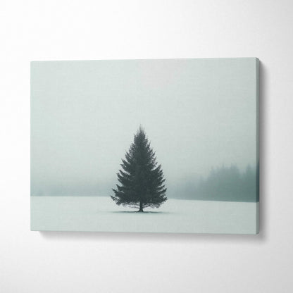 Serene snowy landscape canvas wall art featuring a solitary pine tree in foggy winter woods.