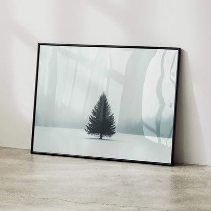 Minimalist snow landscape art poster featuring a solitary pine tree in muted grayscale tones.