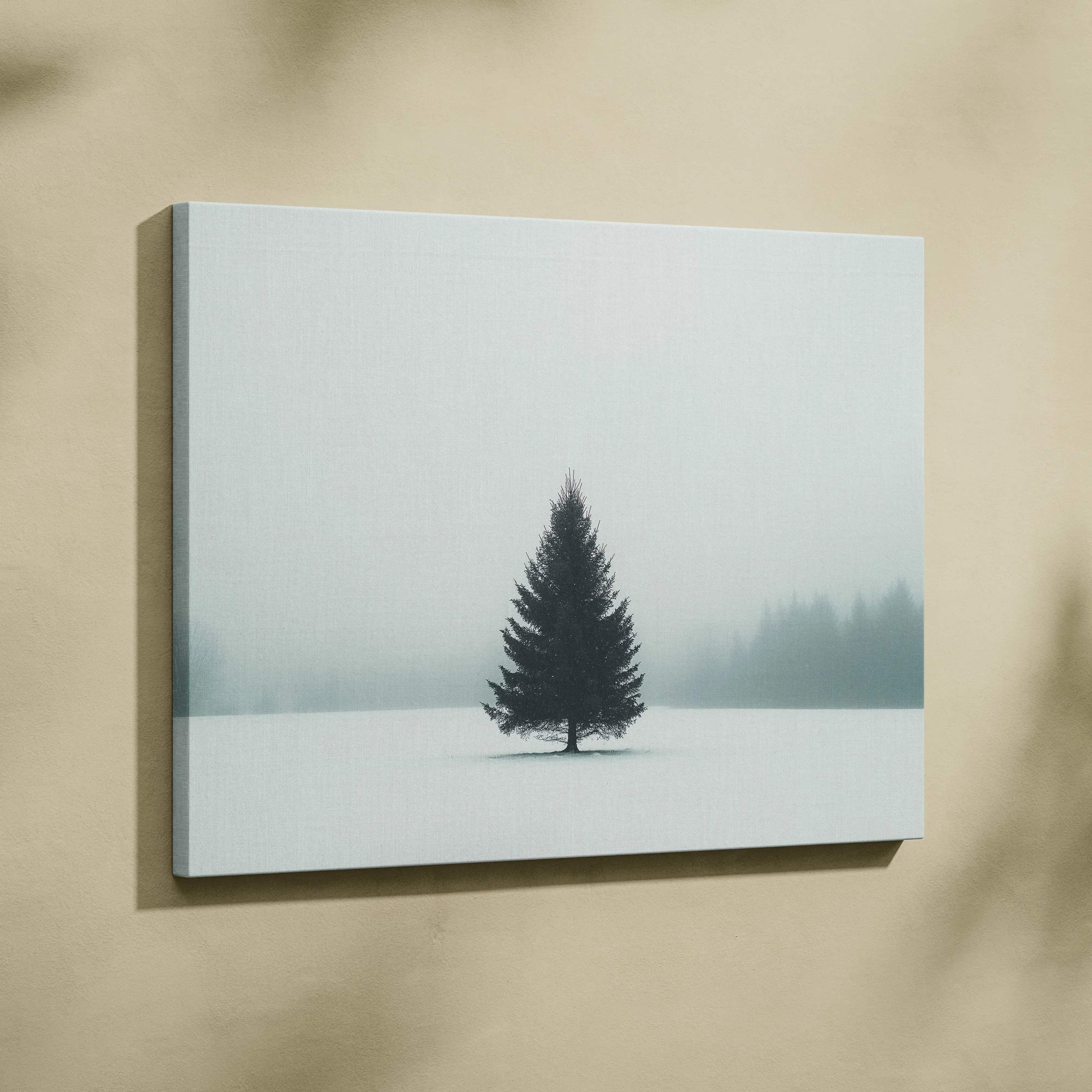 Canvas wall art featuring a solitary pine tree in a serene snowy landscape with soft fog background.