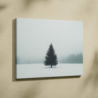 Canvas wall art featuring a solitary pine tree in a serene snowy landscape with soft fog background.