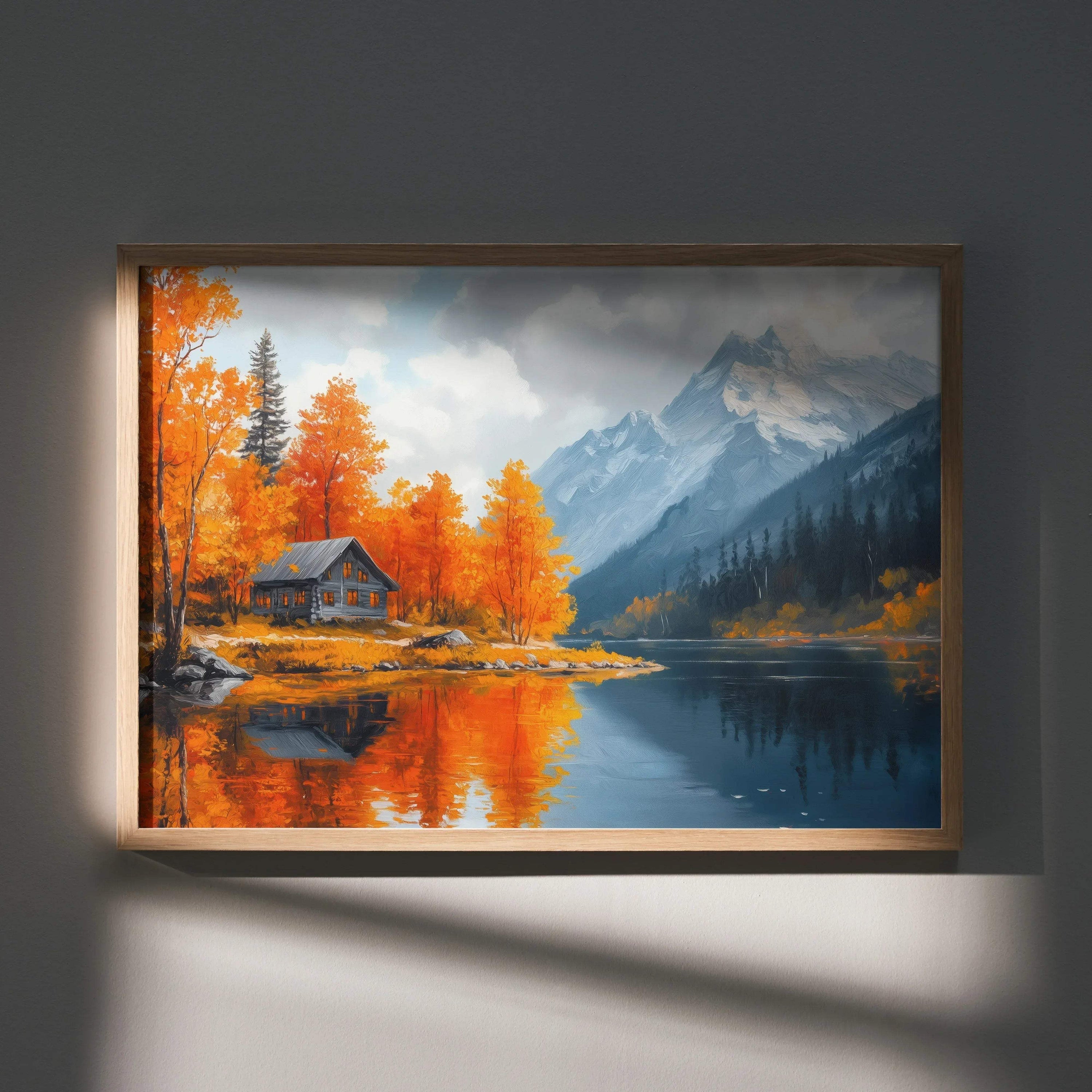 Framed autumn landscape poster with vibrant orange trees, cabin, and mountain reflection wall art.