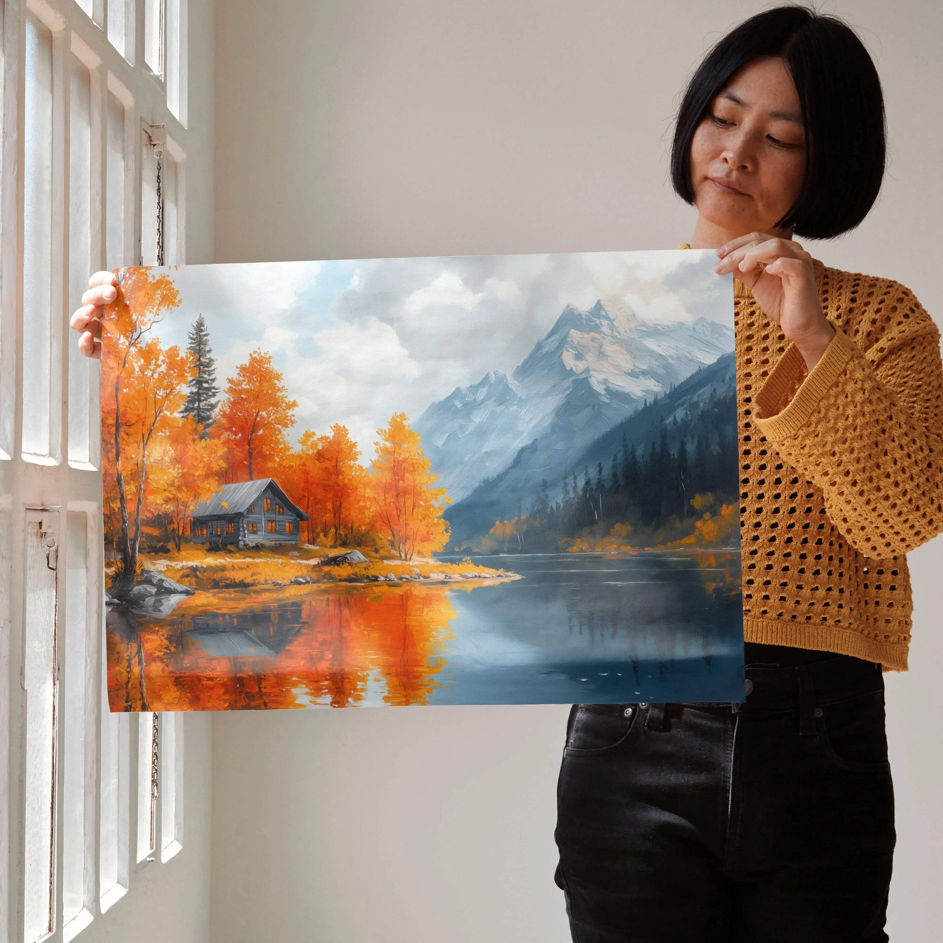 Vibrant autumn landscape poster with orange trees, mountain, cabin, and lake reflecting fall colors, wall art print.