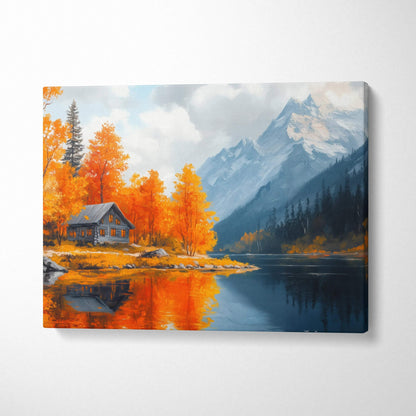 Canvas wall art of vibrant autumn trees and a red cabin by a reflective mountain lake under a cloudy sky.