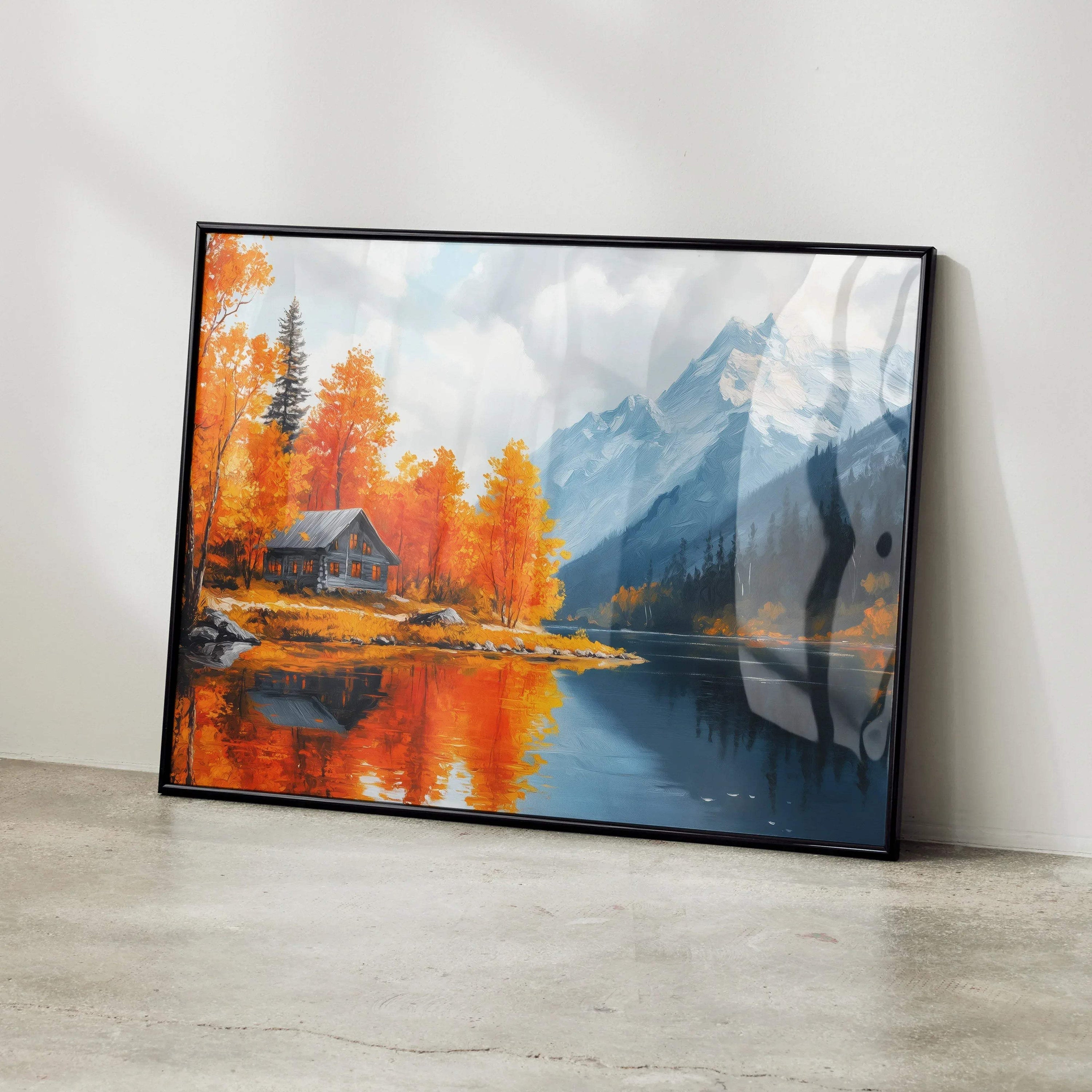 Autumn landscape digital art poster with orange trees, cabin, and mountain reflected in lake wall art.