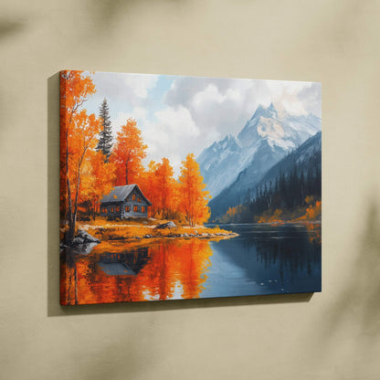 Canvas wall art depicting vibrant autumn trees by a mountain lake with a cabin and dramatic cloudy sky.