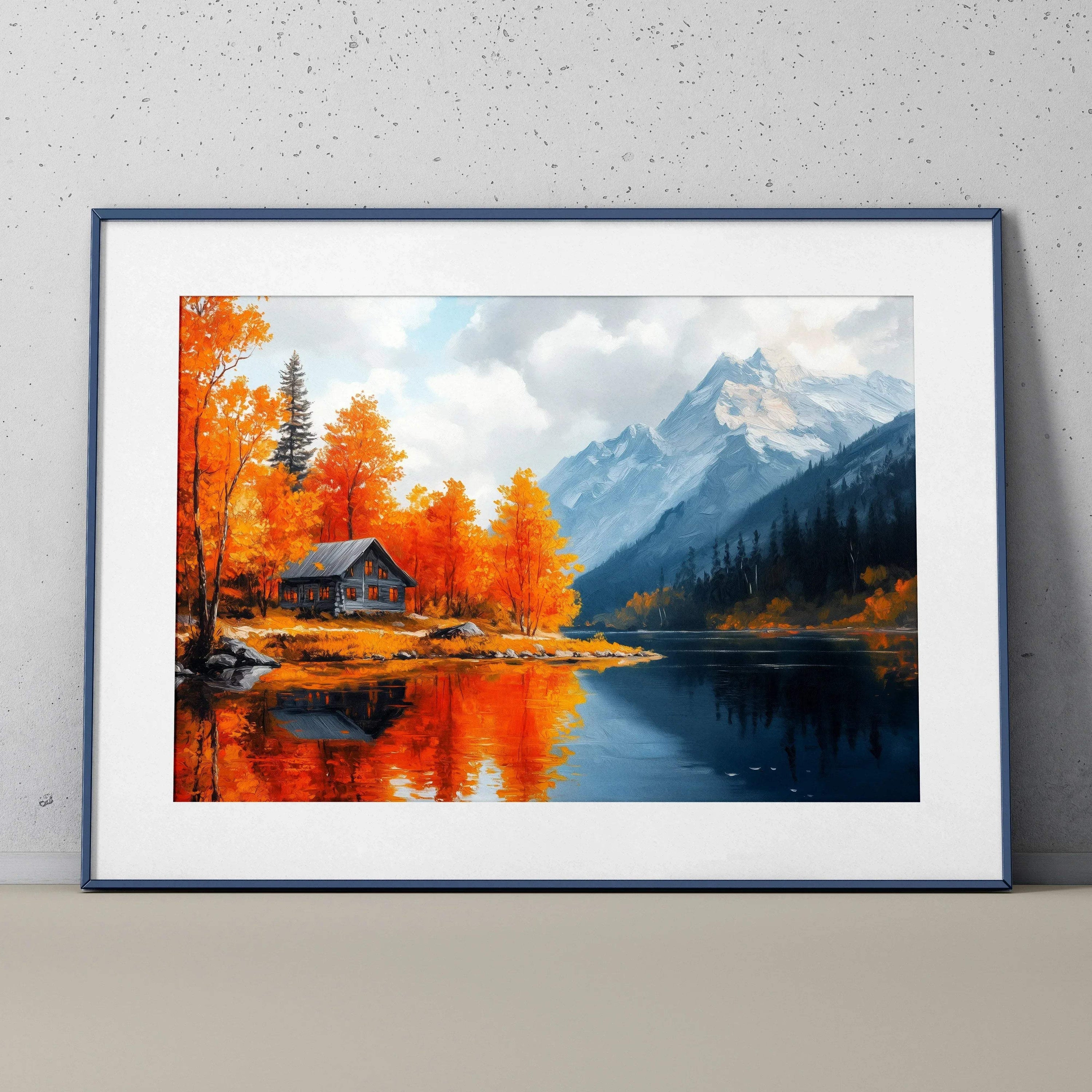 Framed autumn landscape wall art poster featuring vibrant orange trees by a lake with mountain backdrop.