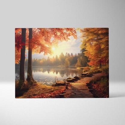 Autumn landscape canvas wall art with golden sunset over lake and wooden path.