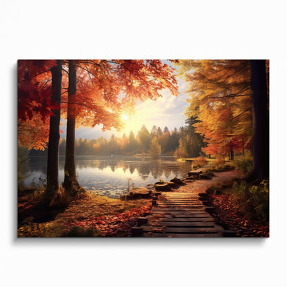 Autumn forest digital art poster with vibrant orange leaves and wooden path by calm lake wall art.