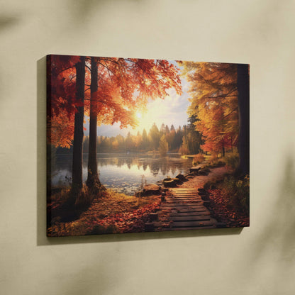 Canvas wall art featuring a golden sunset over a serene autumn landscape with trees and a lakeside path.