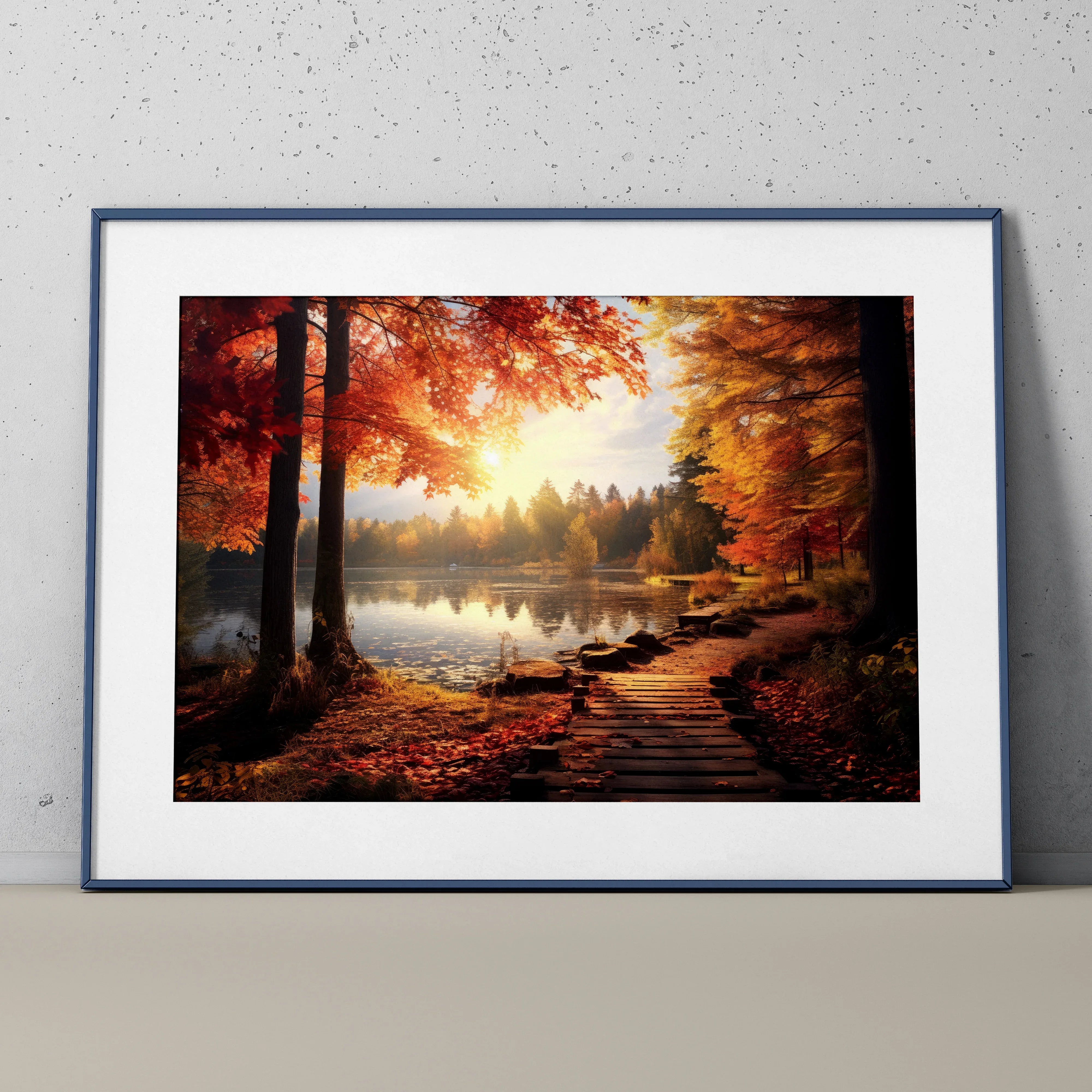 Autumn forest digital art poster with vibrant orange leaves and a serene lakeside path wall art.