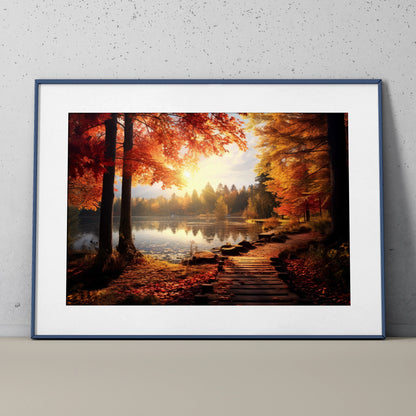 Autumn forest digital art poster with vibrant orange leaves and a serene lakeside path wall art.