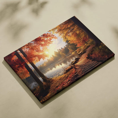 Golden sunset autumn landscape with colorful trees and lake on canvas wall art.